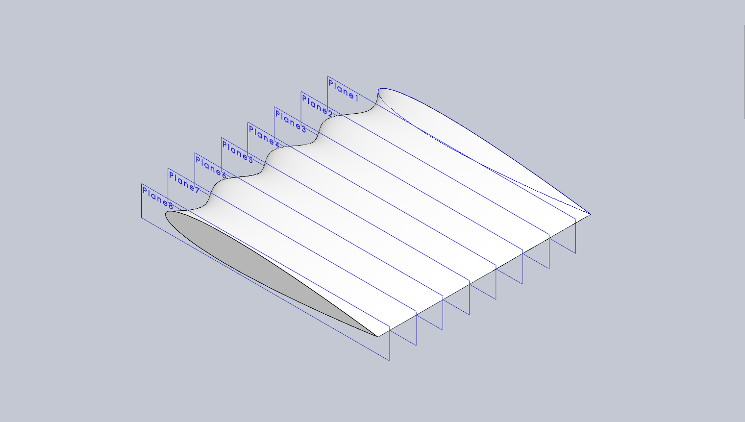 SolidWorks model of the tubercle-modified airfoil showing the sinusoidal leading edge built across eight construction planes