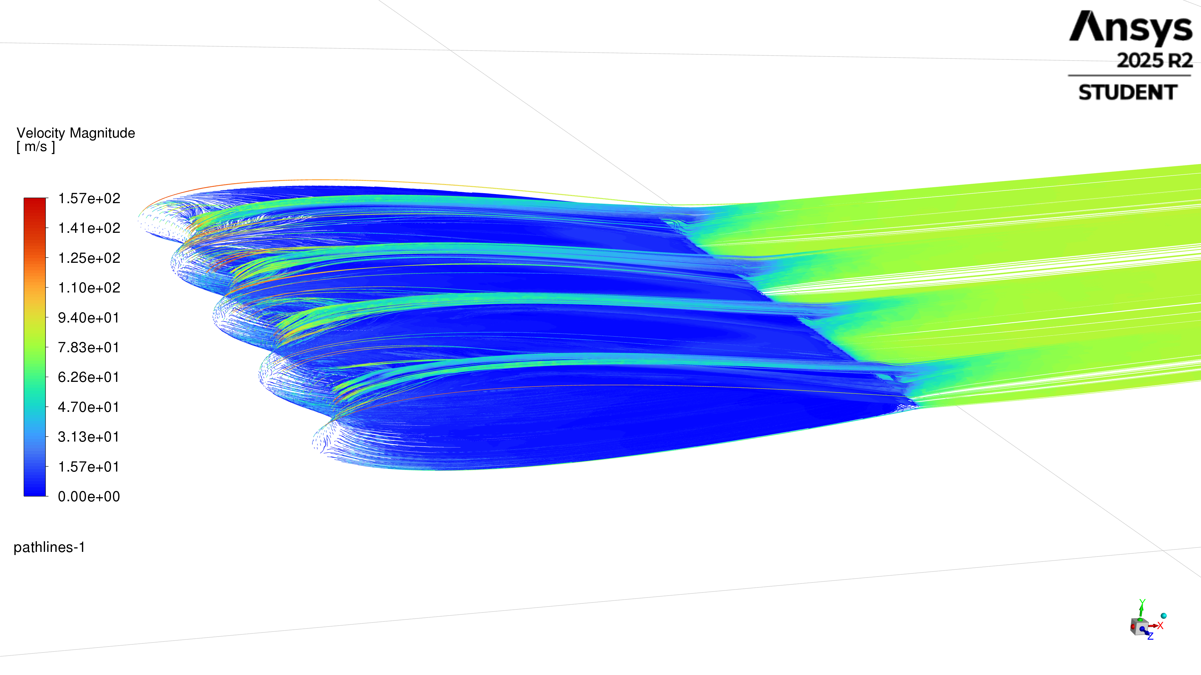 Velocity pathlines over the tubercle-modified NACA 0012, showing spanwise flow structures forming behind each tubercle trough